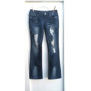 Almost Famous 5 Bleach Splatter Denim Flare Leg Dark Jeans Women's Dark Academia
